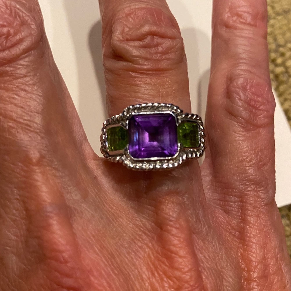 Judith Ripka Sterling Ring with Amethyst Center stone and 2 peridot side stones